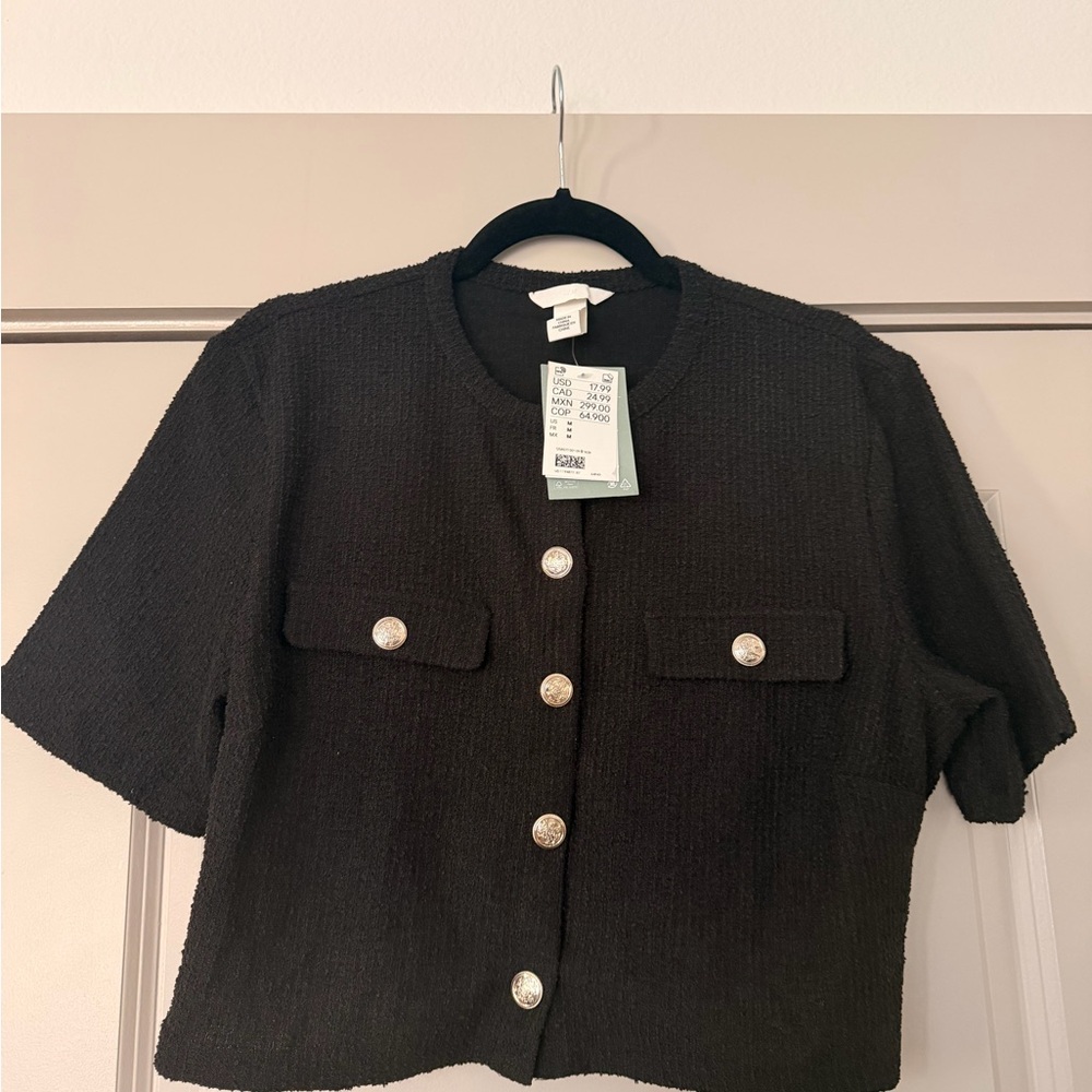 Black Tweed Short Sleeve Button Front Jacket